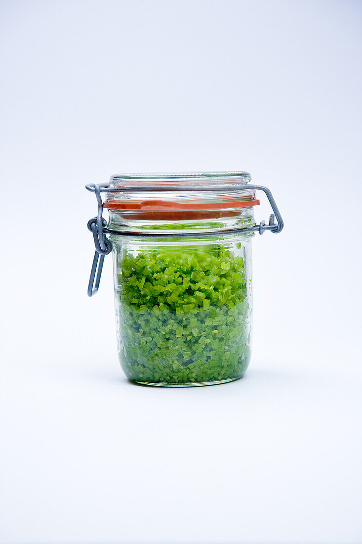 Chives chopped, in a preserving jar