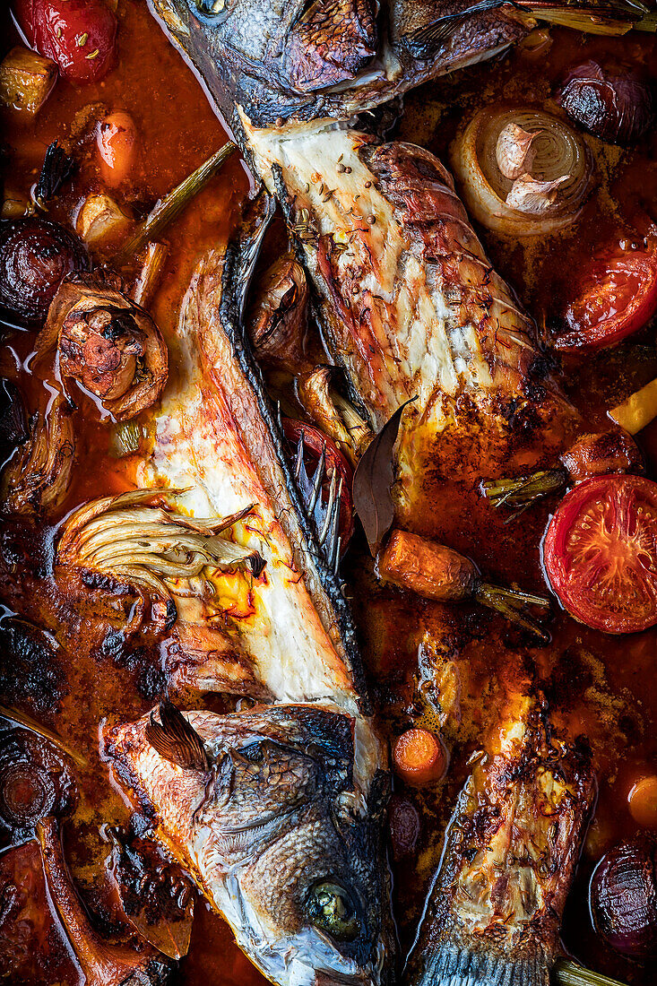 Braised sea bass with vegetables