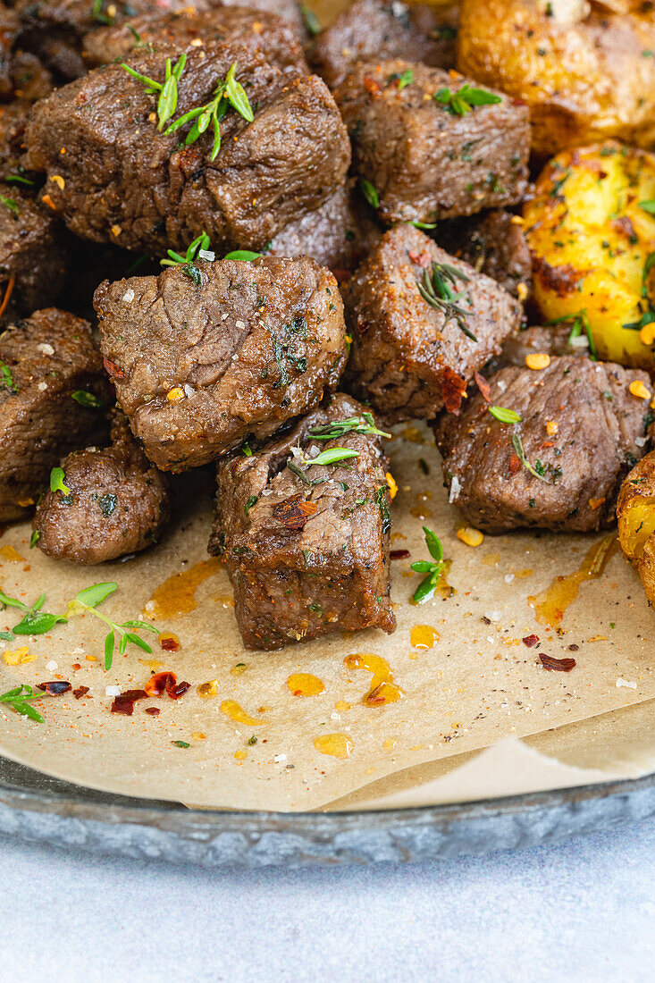 Beef steak cubes cooked in the air fryer