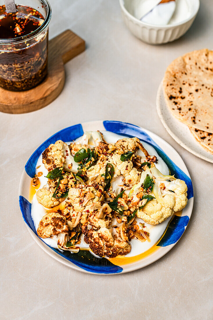 Roasted cauliflower florets with curry leaves and peanuts