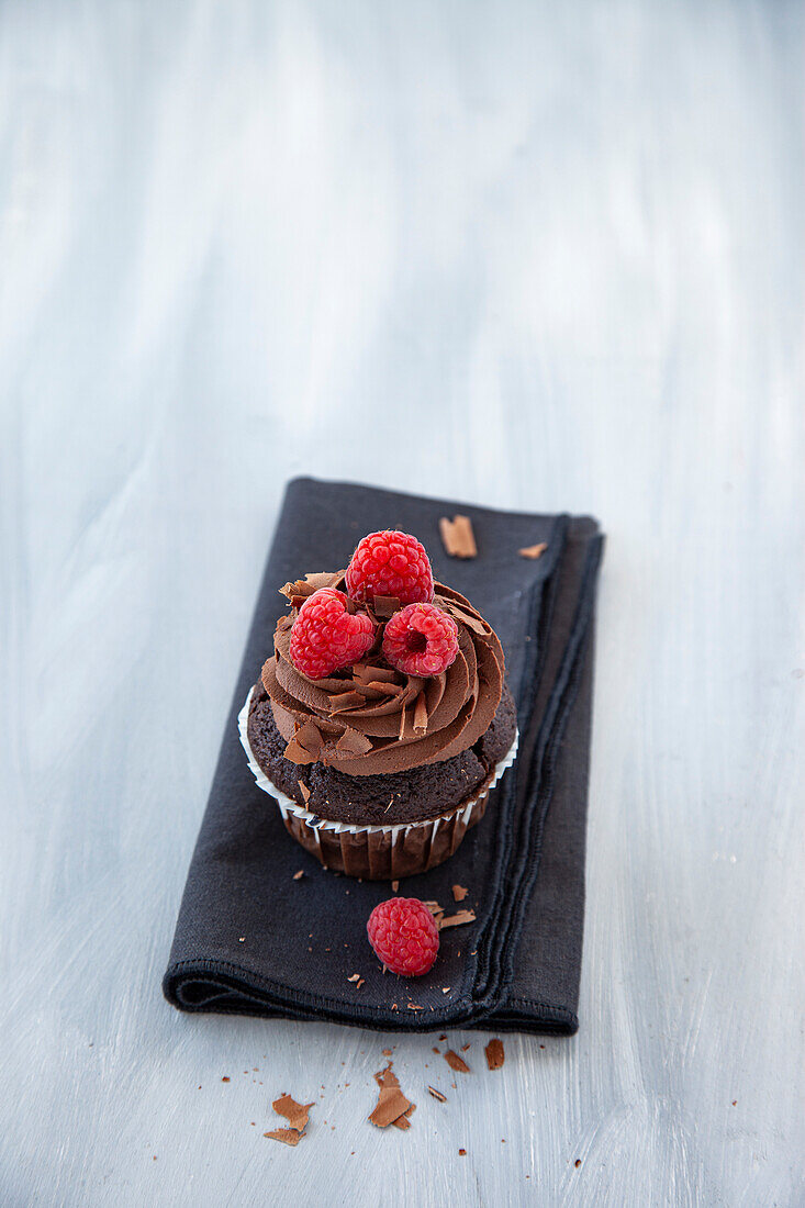 Chocolate cupcakes with chocolate topping and raspberries