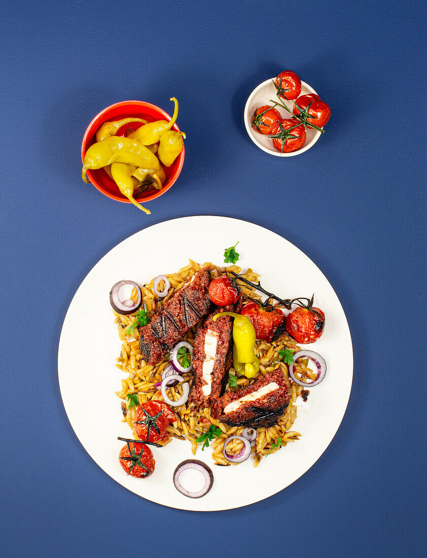 Greek Bifteki (baked beef patties made from vegan meat substitute, with feta and orzo)