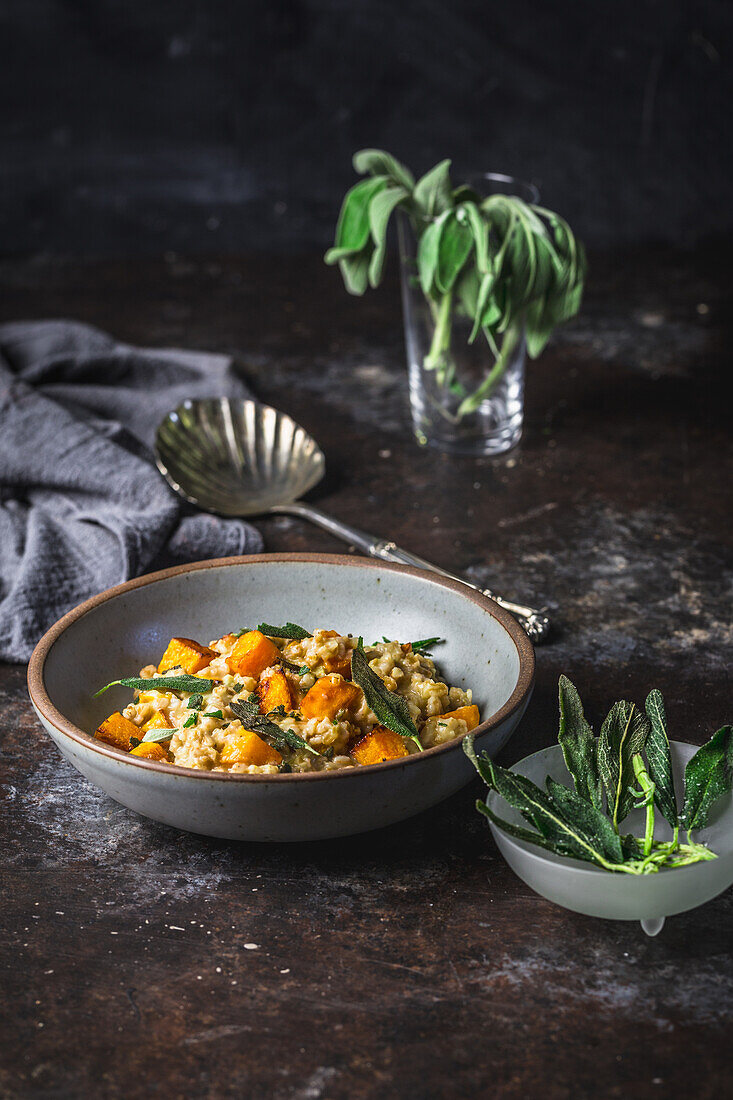 Butternut squash risotto with fried sage leaves