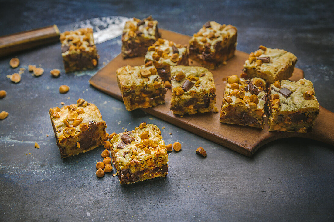 Chocolate butterscotch blondies with hazelnuts