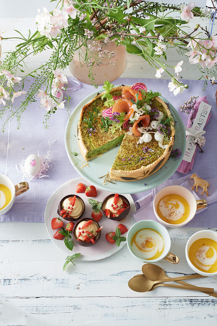 Herb quiche with smoked salmon, soup, and fruit curd chick for Easter