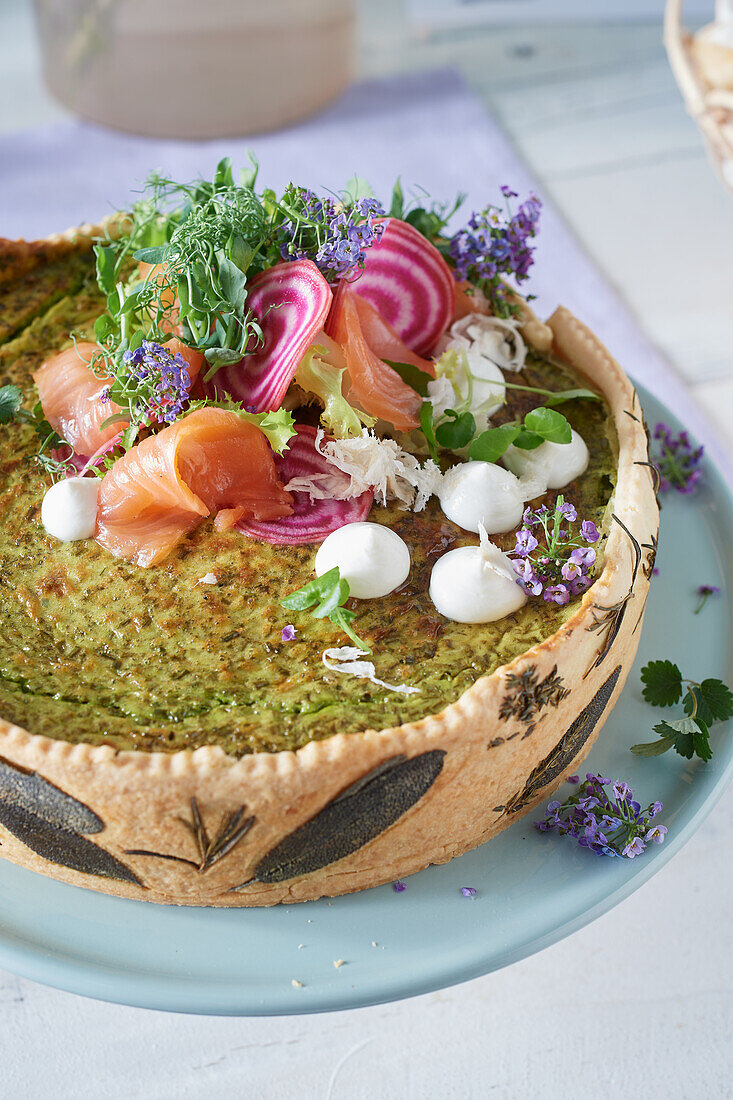 Herb quiche with smoked salmon for Easter