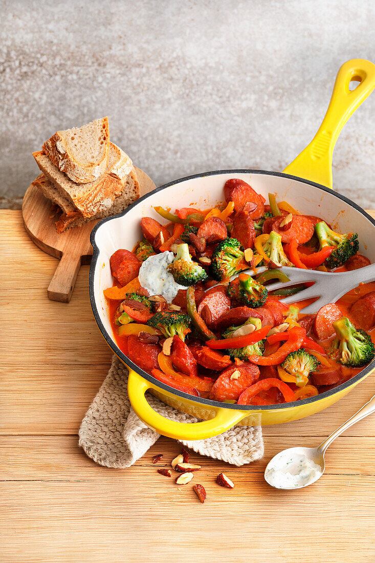 Kabanos sausage and peppers in a pan