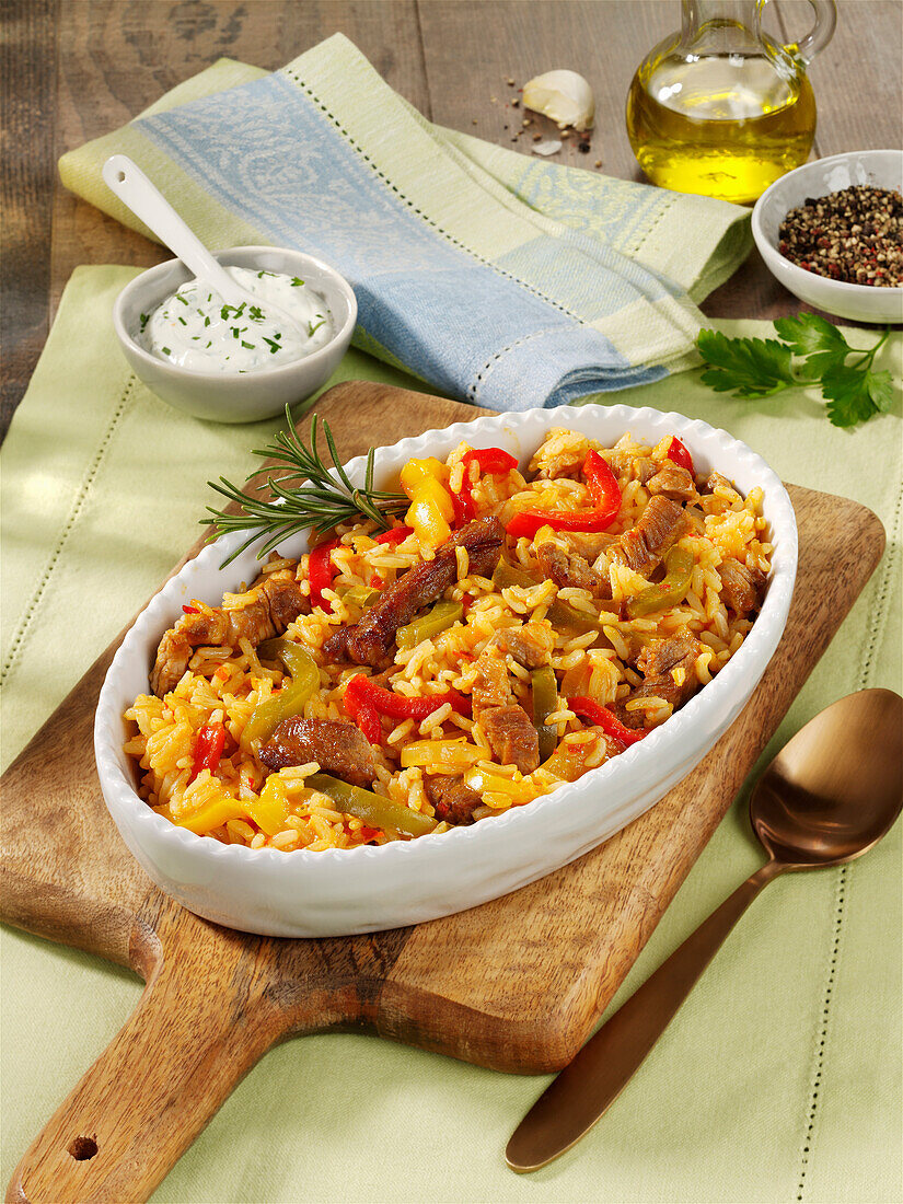 Rice and pork casserole from the oven