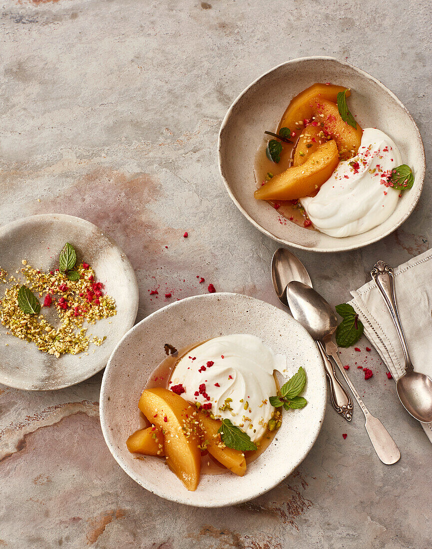 Poached quince with tahini pistachio yogurt