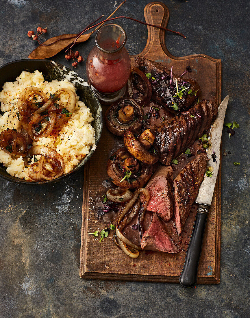 Fillet of venison with chipotle ketchup, mushrooms and celery stamp