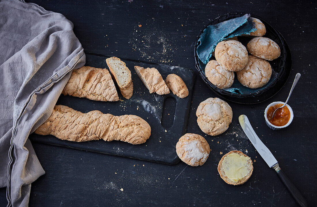 Farmer's rolls and rustic baguette