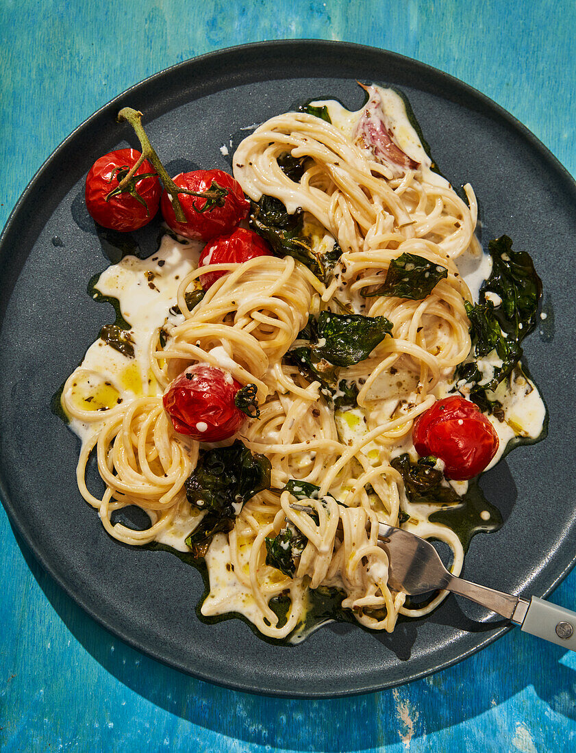 Pasta with vegan feta substitute