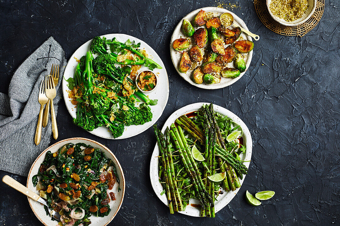 Broccolini and crumbs, brussels sprouts, dukkah and honey, chargrilled asparagus, silverbeet with pine nuts