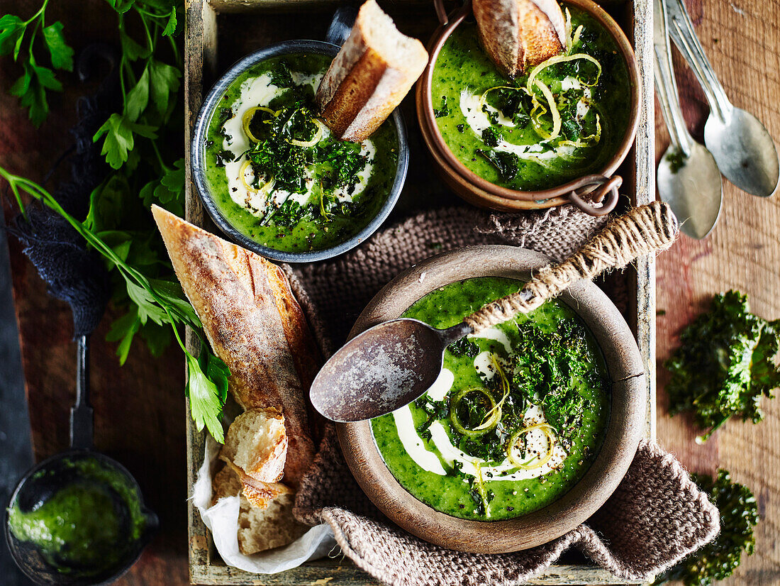 Broccoli and kale soup with lemon creme fraiche