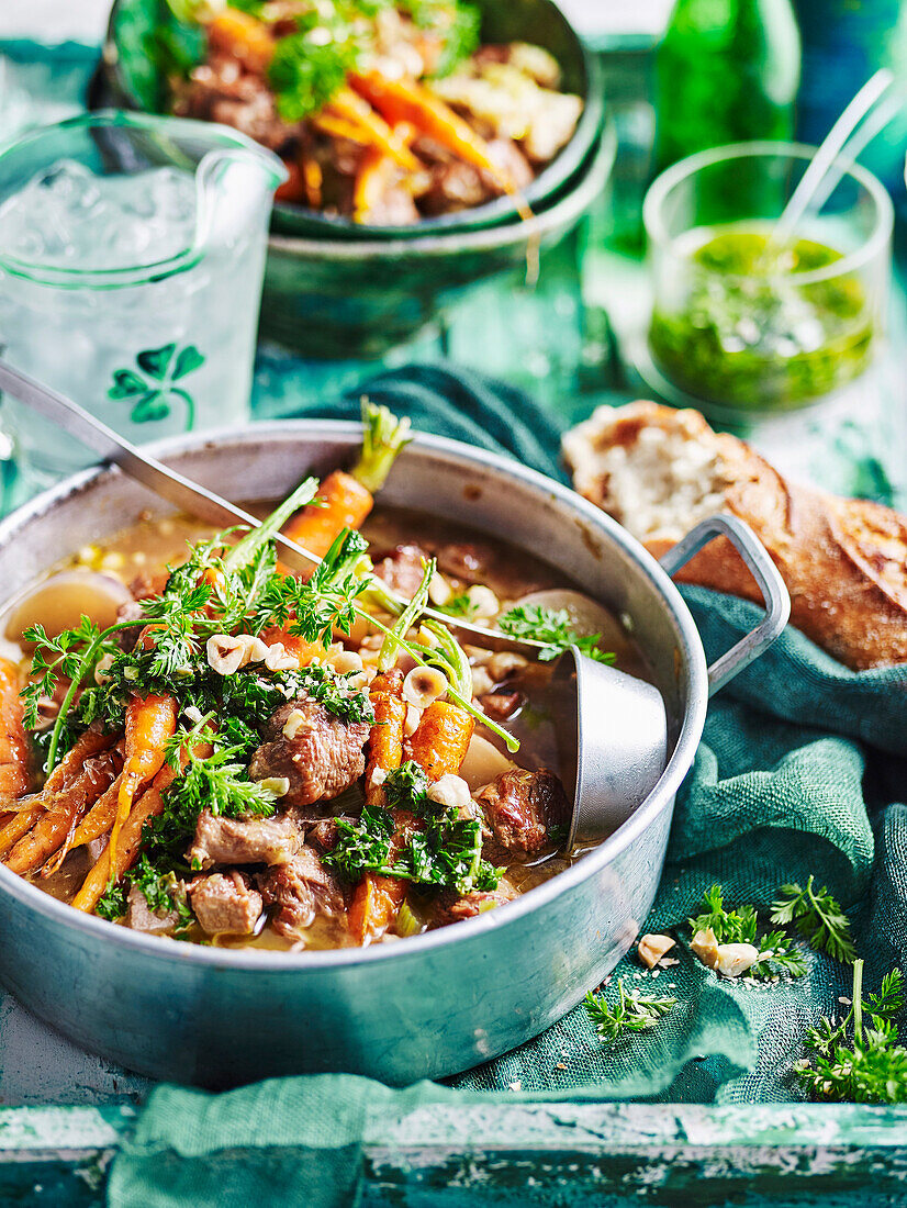 Irish stew with carrot-top salsa verde