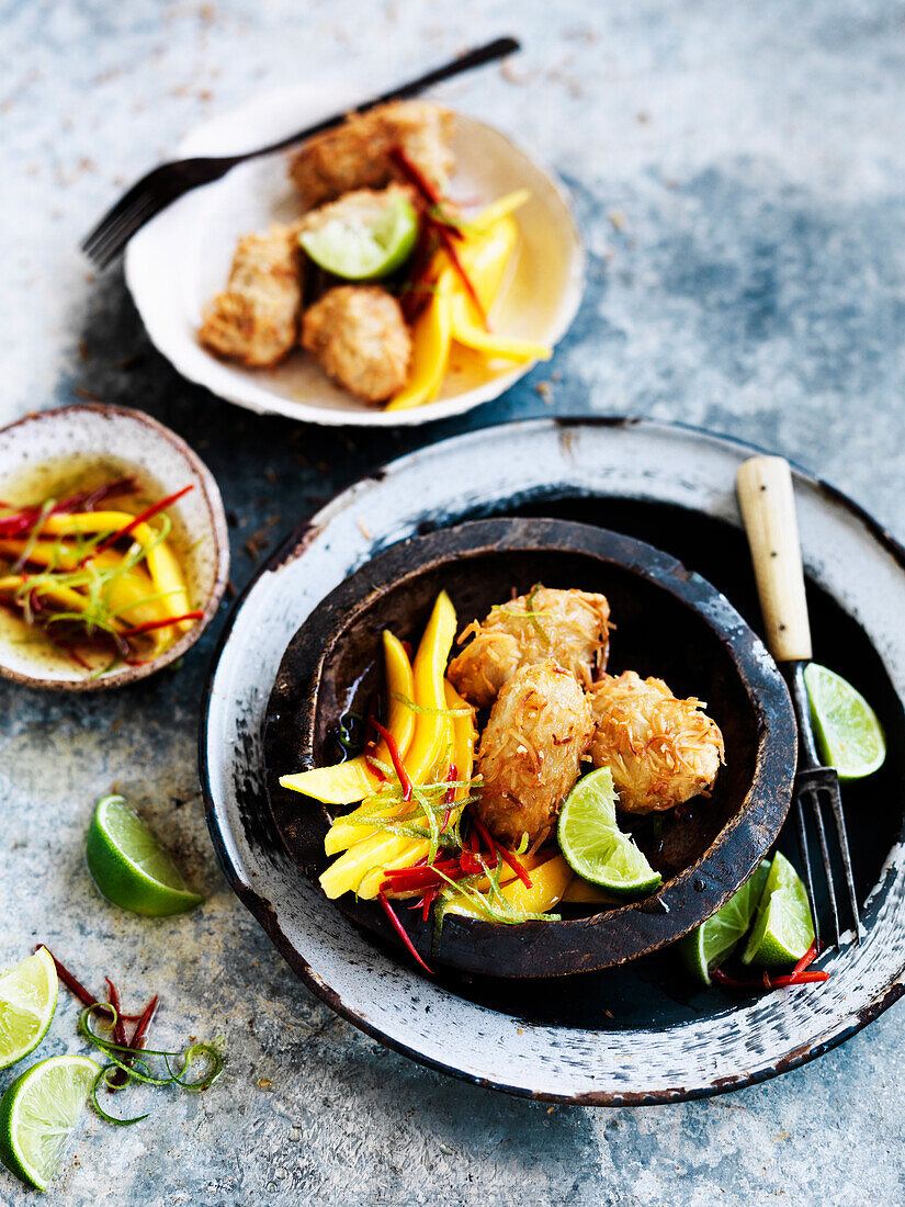 Coconut fritters with mango, chili and lime