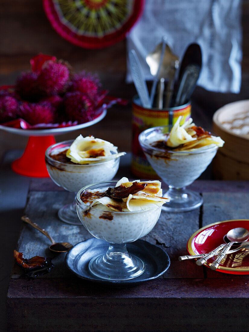 Coconut sago pudding with ginger and palm sugar syrup