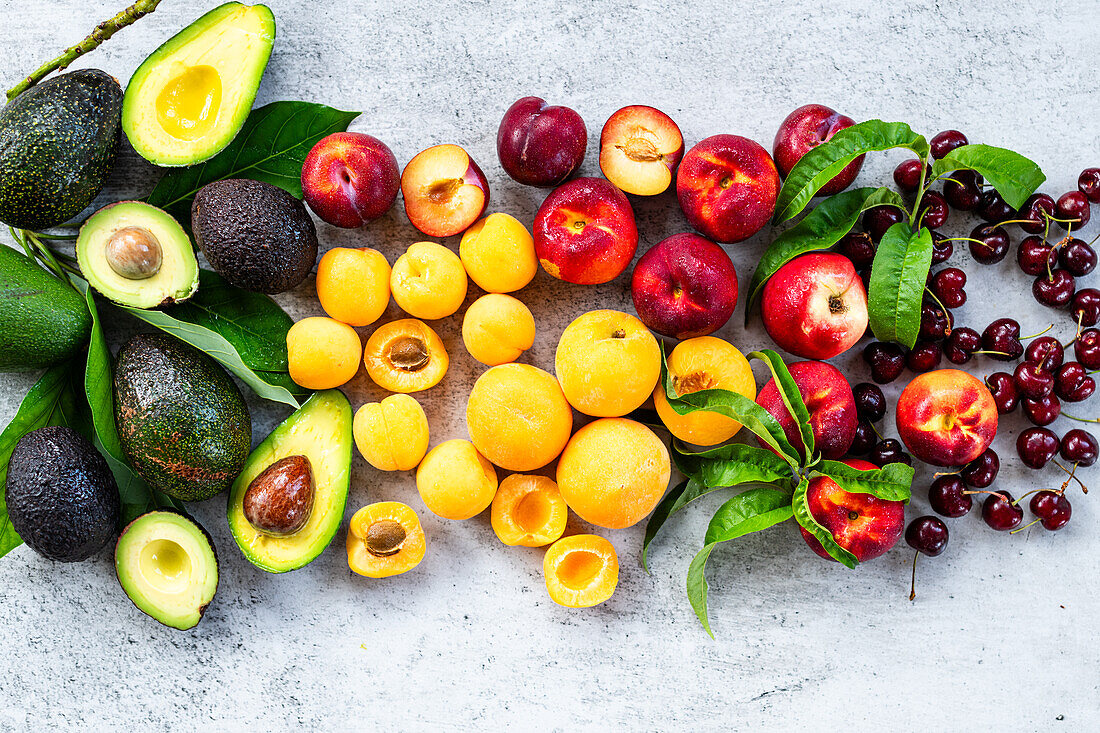 Summer stone fruit with avocados