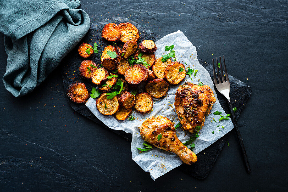 Portuguese chicken pieces with sweet potato chips