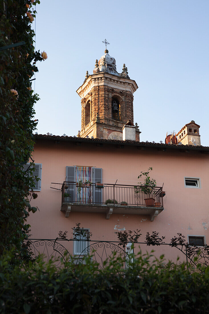 View of house and church tower, Barolo, Piedmont, Italy