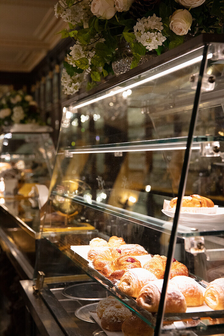 Counter with pastries in a pastry shop (Turin, Italy)
