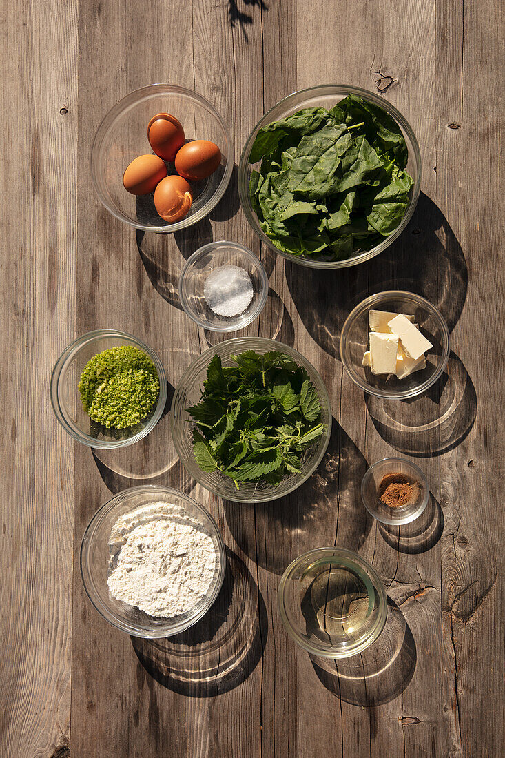 Ingredients for mezzelune with nettle filling