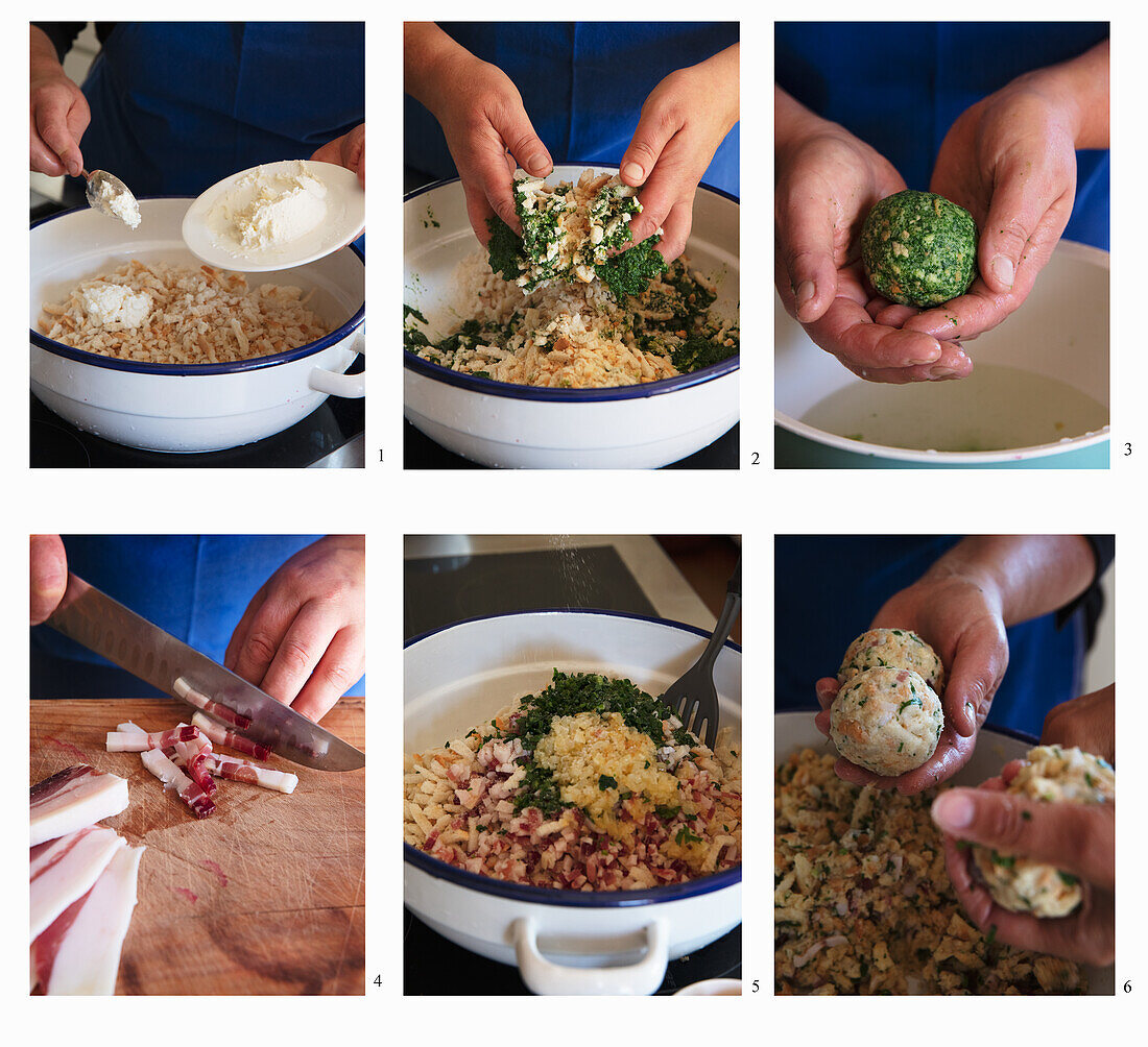 Preparing spinach dumplings and bacon dumplings