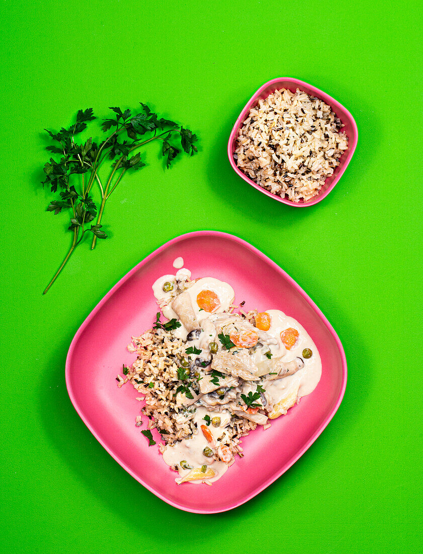 Fricassee made from vegan poultry substitute, with wild rice