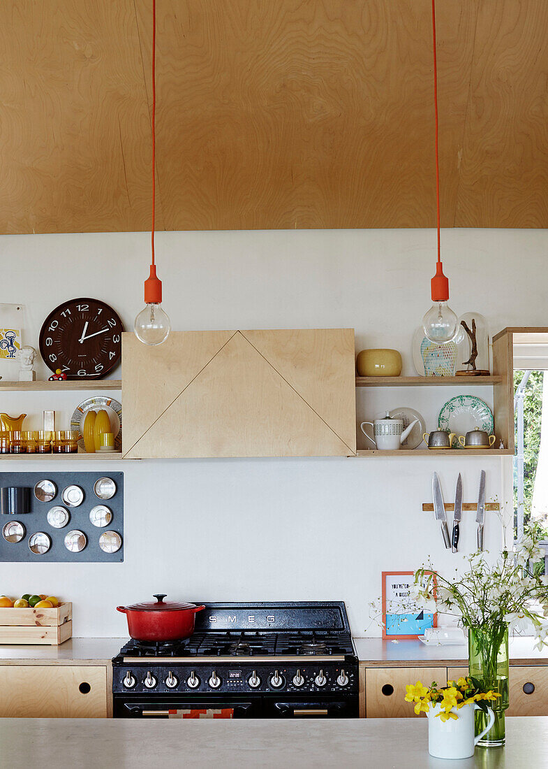 Filament bulbs with pan on hob cut flowers and kitchen shelving in Sligo newbuild, Ireland