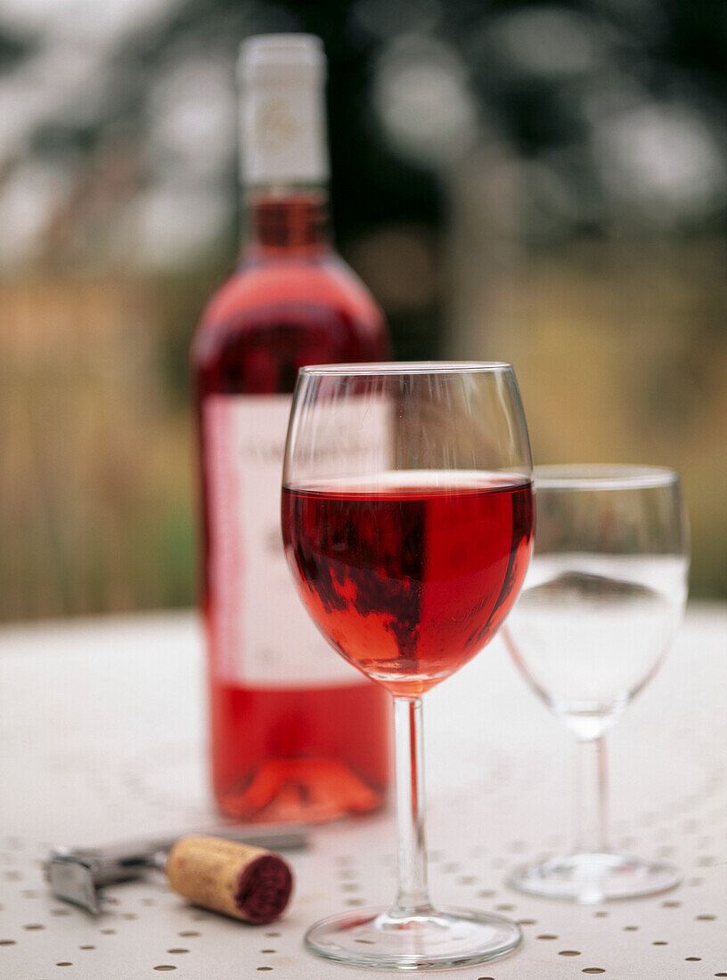 Wine glass and a bottle of red Chateau Carbonel Cotes du Rhone