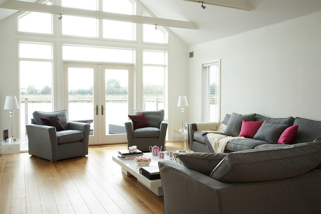 Open plan living room with L shaped sofa