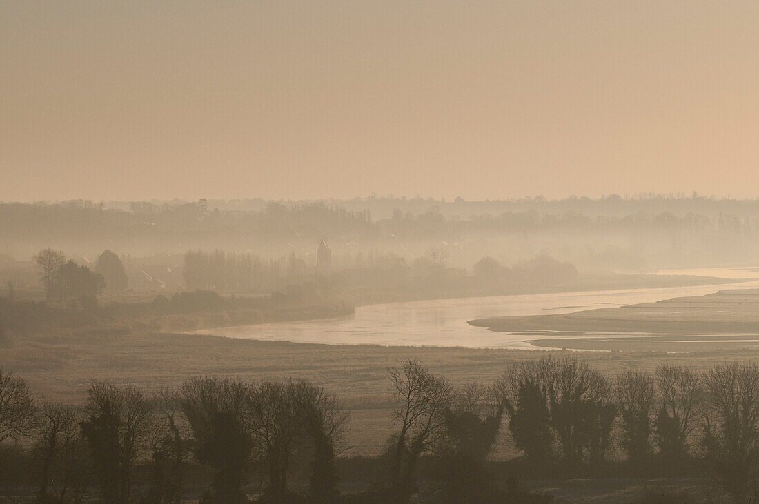 Winter landscape with river dusk