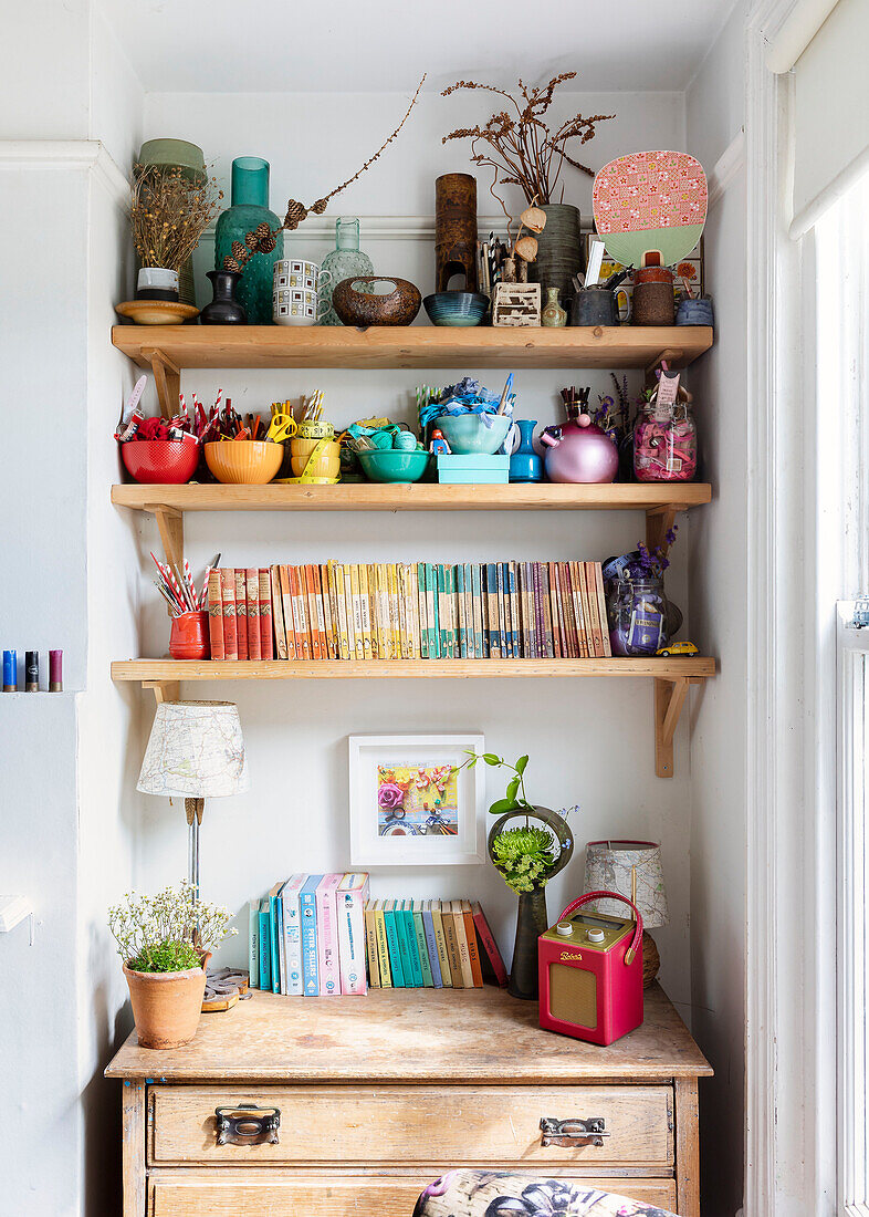 Wooden shelves with vintage finds Brighton, East Sussex UK