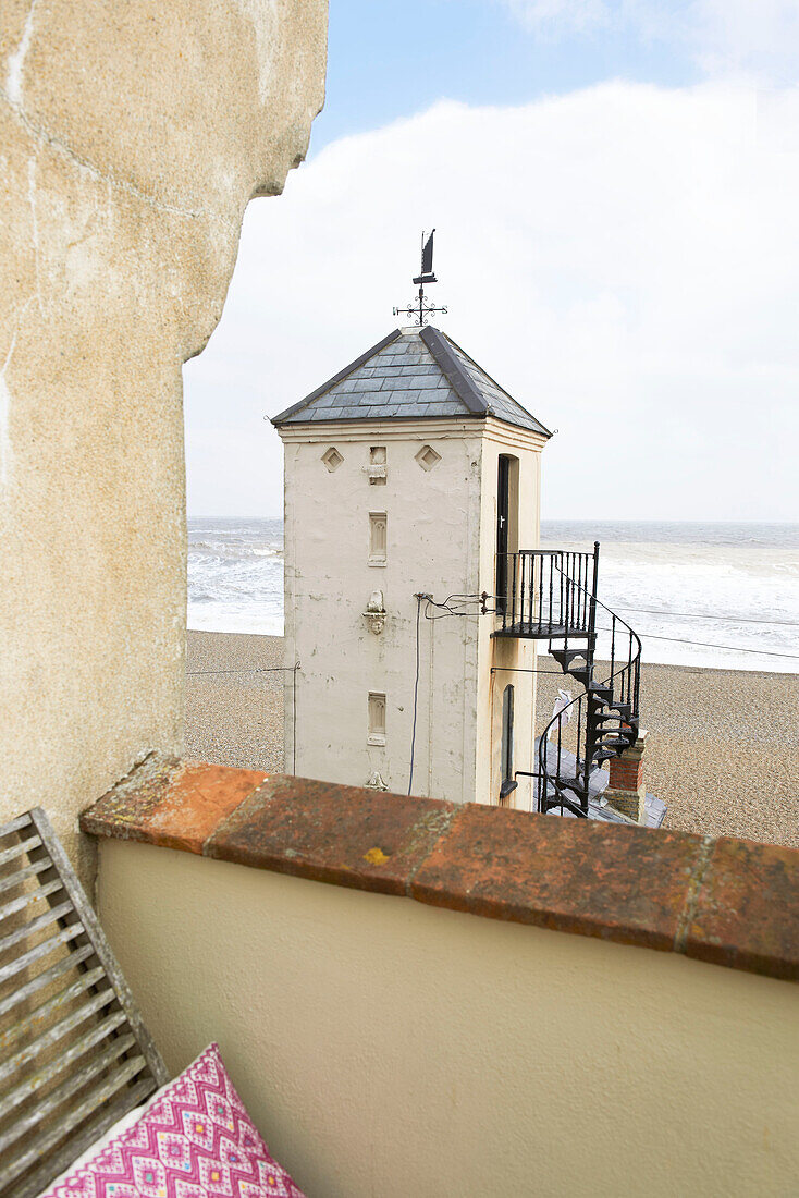 Look-out tower with wrought iron metal steps Aldeburgh, Suffolk England UK