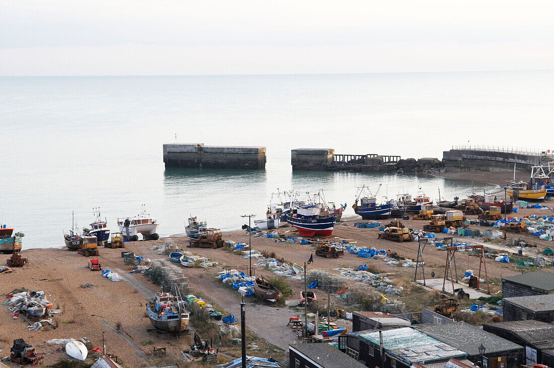 Hastings beach with boats and equipment for local fishing industry