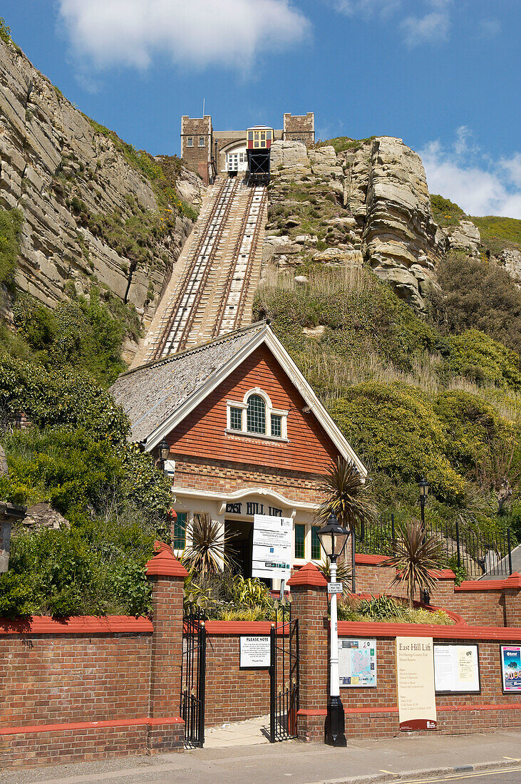 Hillside furnicular in Hastings Old Town England UK