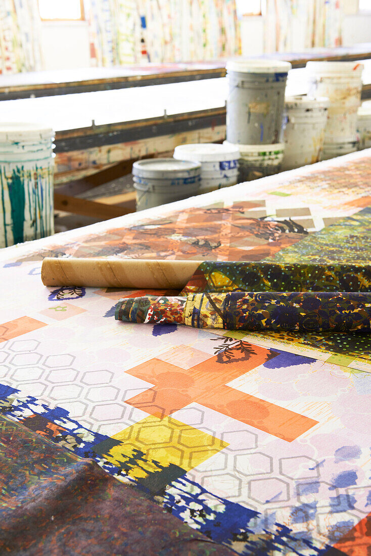 Assorted fabrics on Sheffield print studio workbench, Berkshire County, Massachusetts, United States