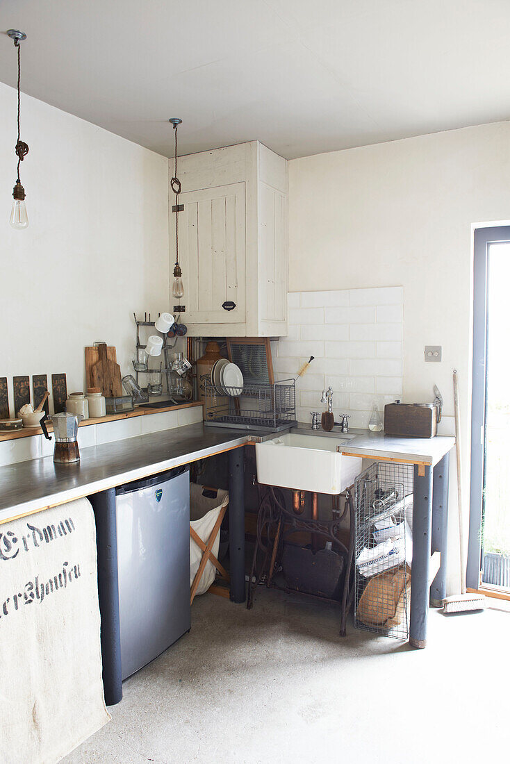 Kitchenware and workbench in Hastings kitchen, East Sussex, England, UK