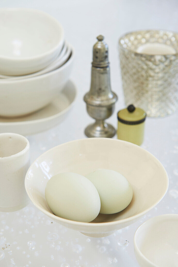 Two eggs on table in Austerlitz home, Columbia County, New York, United States