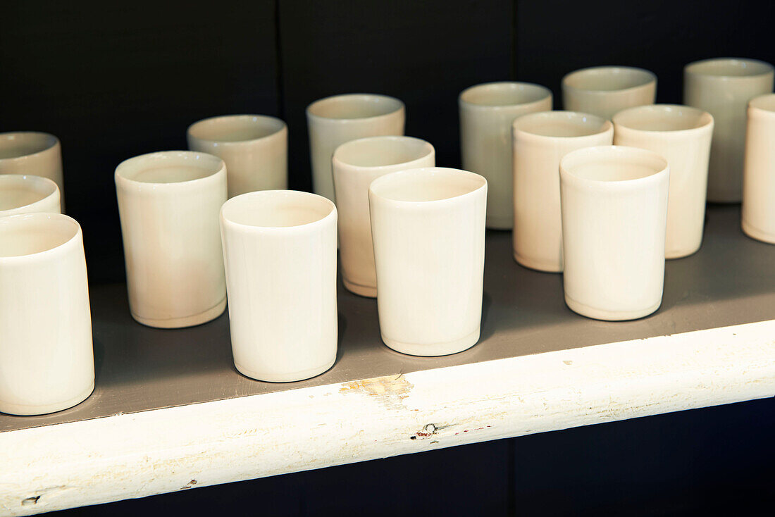 Ceramic homeware on shelf in Austerlitz gift shop, Columbia County, New York, United States