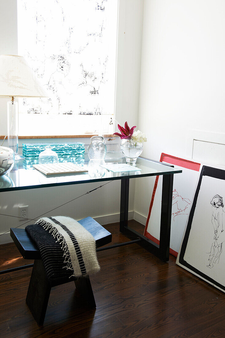 Glass ornaments on desk at window of Sheffield home, Berkshire County, Massachusetts, United States