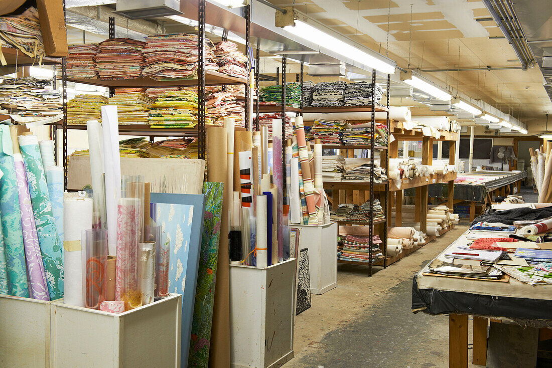Wallpaper and fabric samples in Sheffield print studio, Berkshire County, Massachusetts, United States