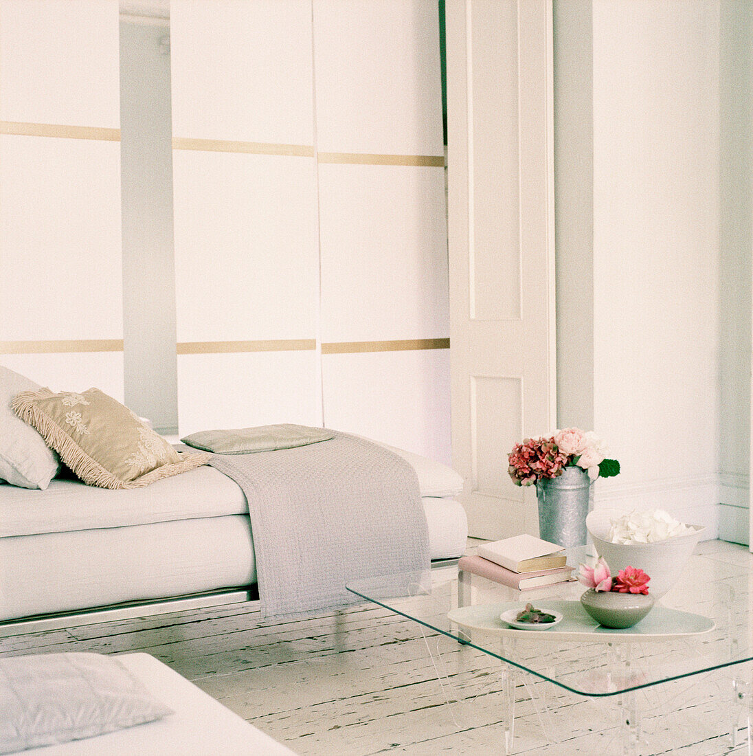 Contemporary living room with sofa and glass coffee table