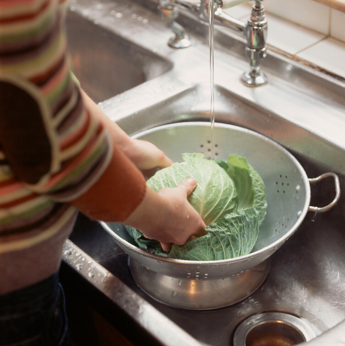 Woman washing a fresh cabbage under cold water in a stainless steel kitchen sink