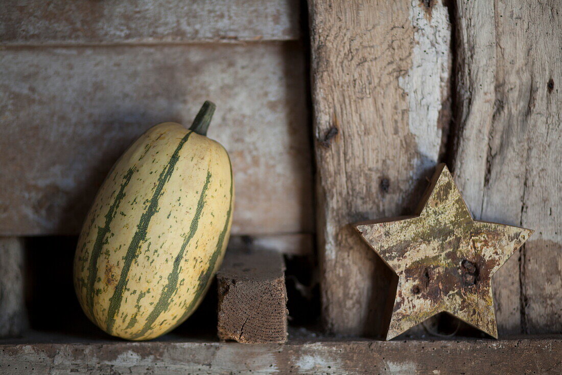 Vegetable and star shaped ornament in rustic barn interior, United Kingdom