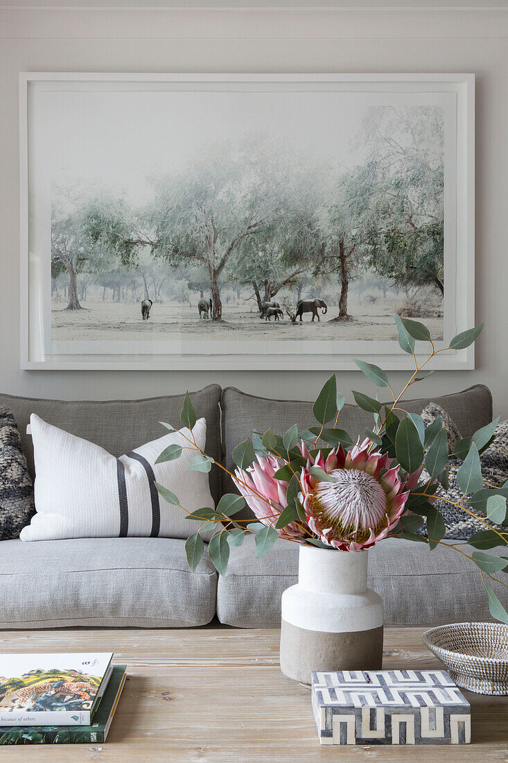 Elephant artwork above sofa in London living room UK