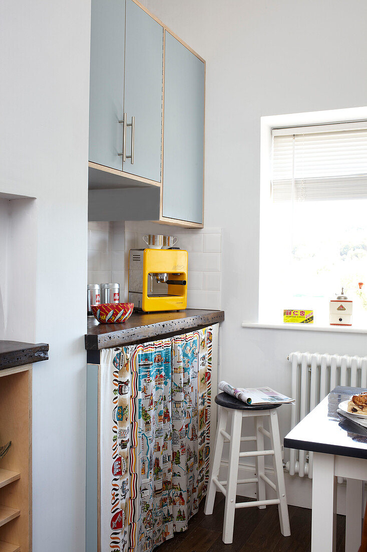 Curtained kitchen counter at window of Isle of Wight kitchen UK