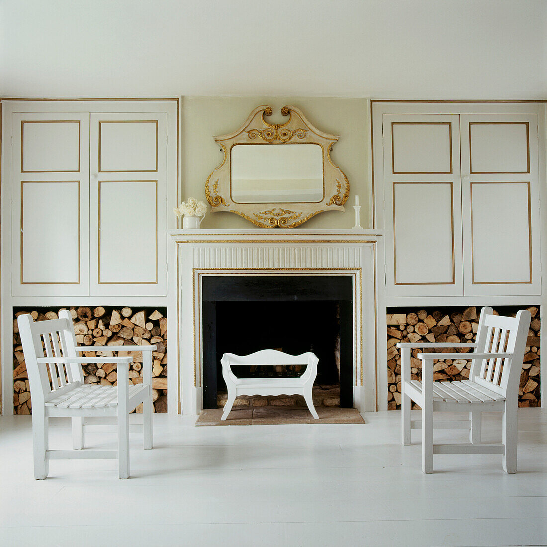 White minimal living room with painted garden benches