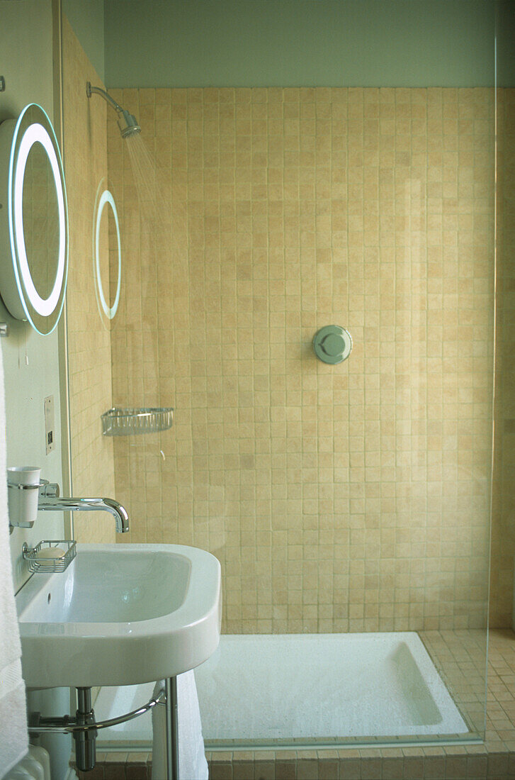 Modern white bathroom with walk in shower lined with beige mosaics