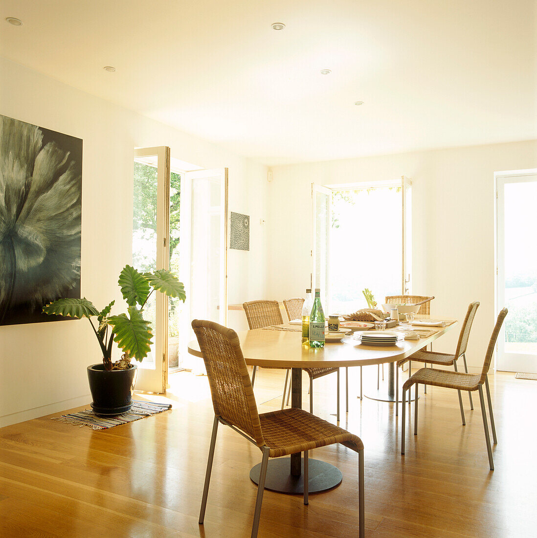 Open plan dining room with modern cane dining chairs and pedestal table